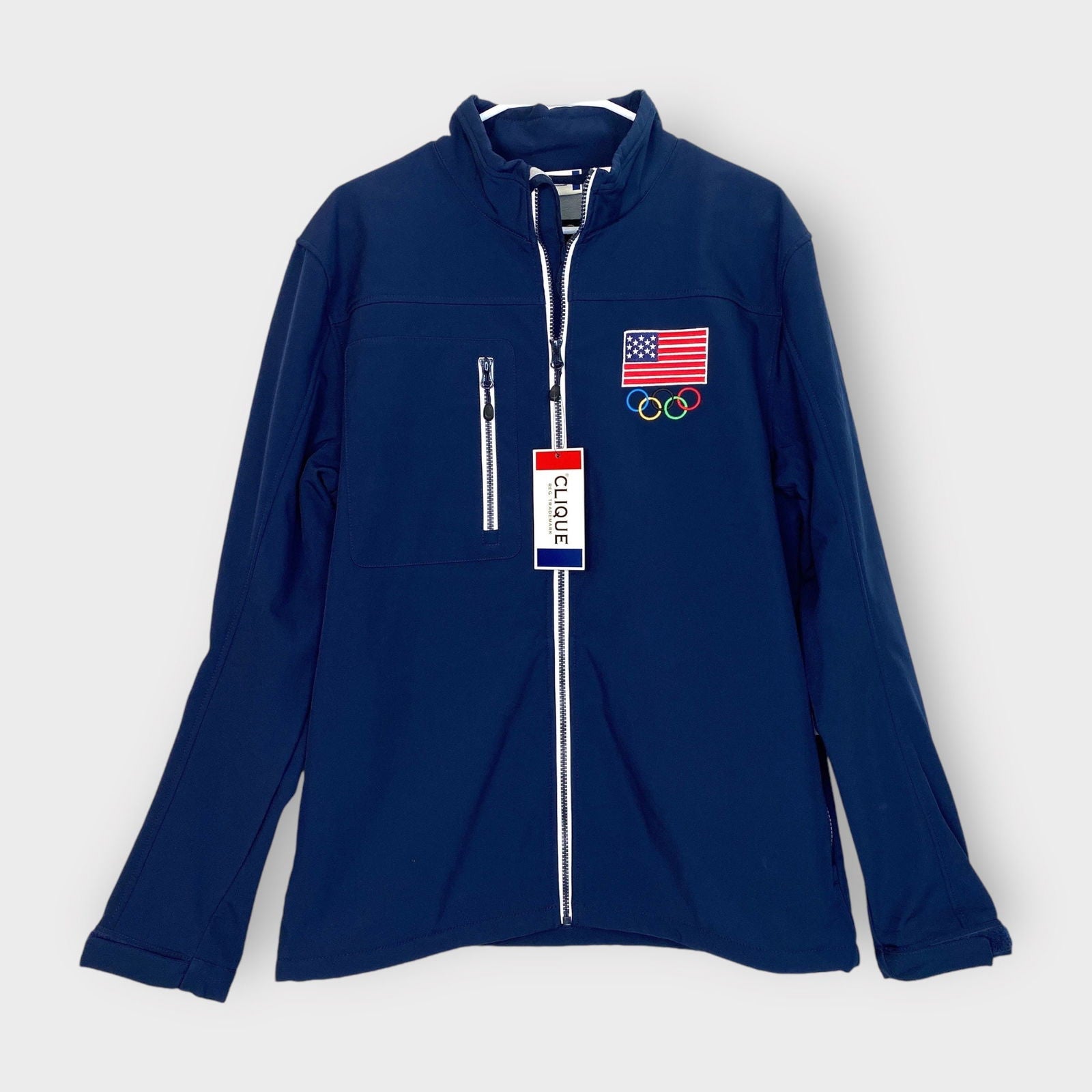 Clique Mens Olympics Jacket | Size Medium | Blue | American Flag & Olympic Rings | “Hershey” Logo | NWT -  | Buy at Parsimony Shoppes