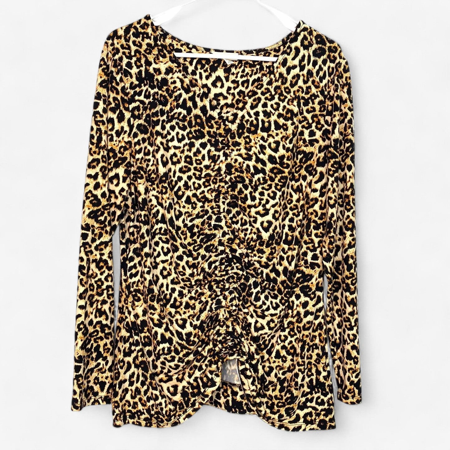 Como Blu Women's XL Black and Brown Leopard Print Gathered Shirt Top - Excellent Condition