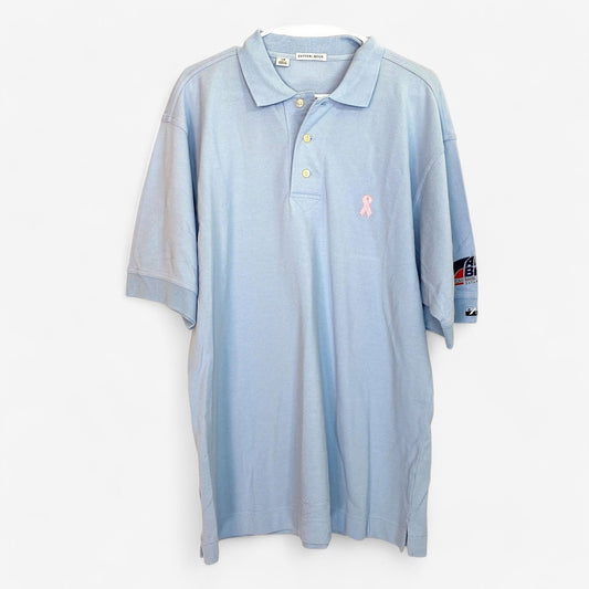 Cutter & Buck Men's Light Blue Golf Polo Shirt with Pink Breast Cancer Ribbon - Size L