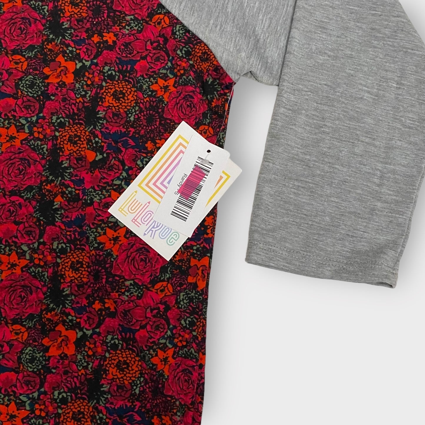 LuLaRoe Randy Unisex Raglan Tee | S | Red/Gray Floral/Colorblock | NWT