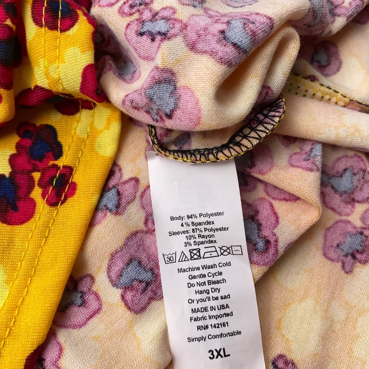 LuLaRoe Randy Baseball Tee 3XL (24-26) - Yellow/Red Floral Print with Black Sleeves - Soft Stretch Fabric