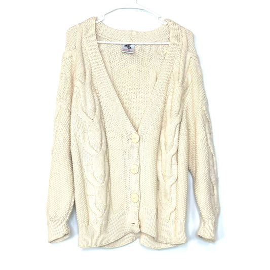 Bonzo | Chunky Cable-Knit Wool Cardigan Sweater | Color: Cream | Size: L | Vintage