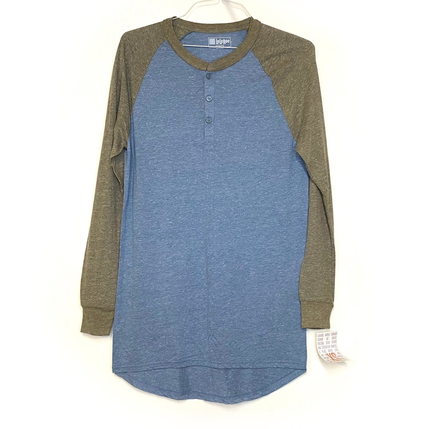 LuLaRoe Unisex Size XS Heather Green/Blue Mark Colorblock Henley Shirt L/s NWT