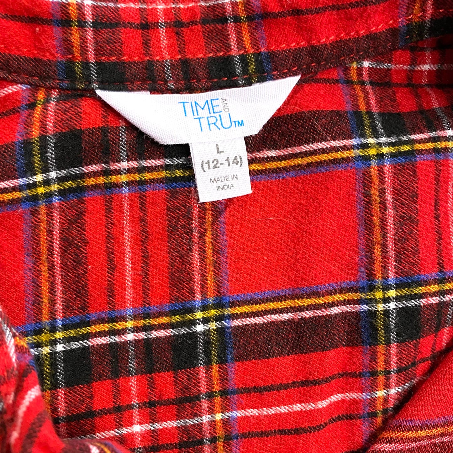 Time And Tru Womens Size L (12-14) Red Plaid Flannel Shirt L/s EUC