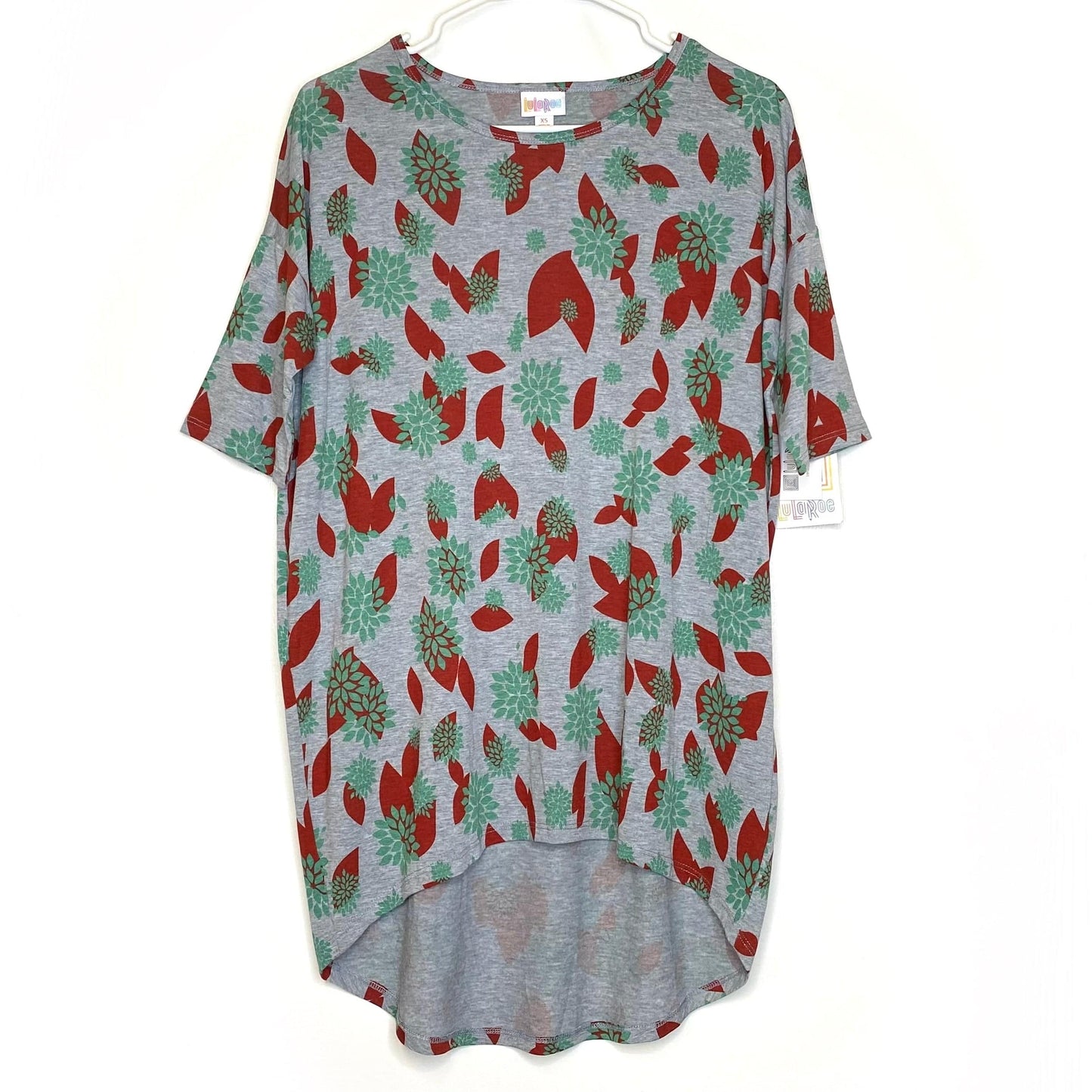 LuLaRoe Womens XS Irma Red/Green/Gray Retro Botanical S/s Tunic Top NWT