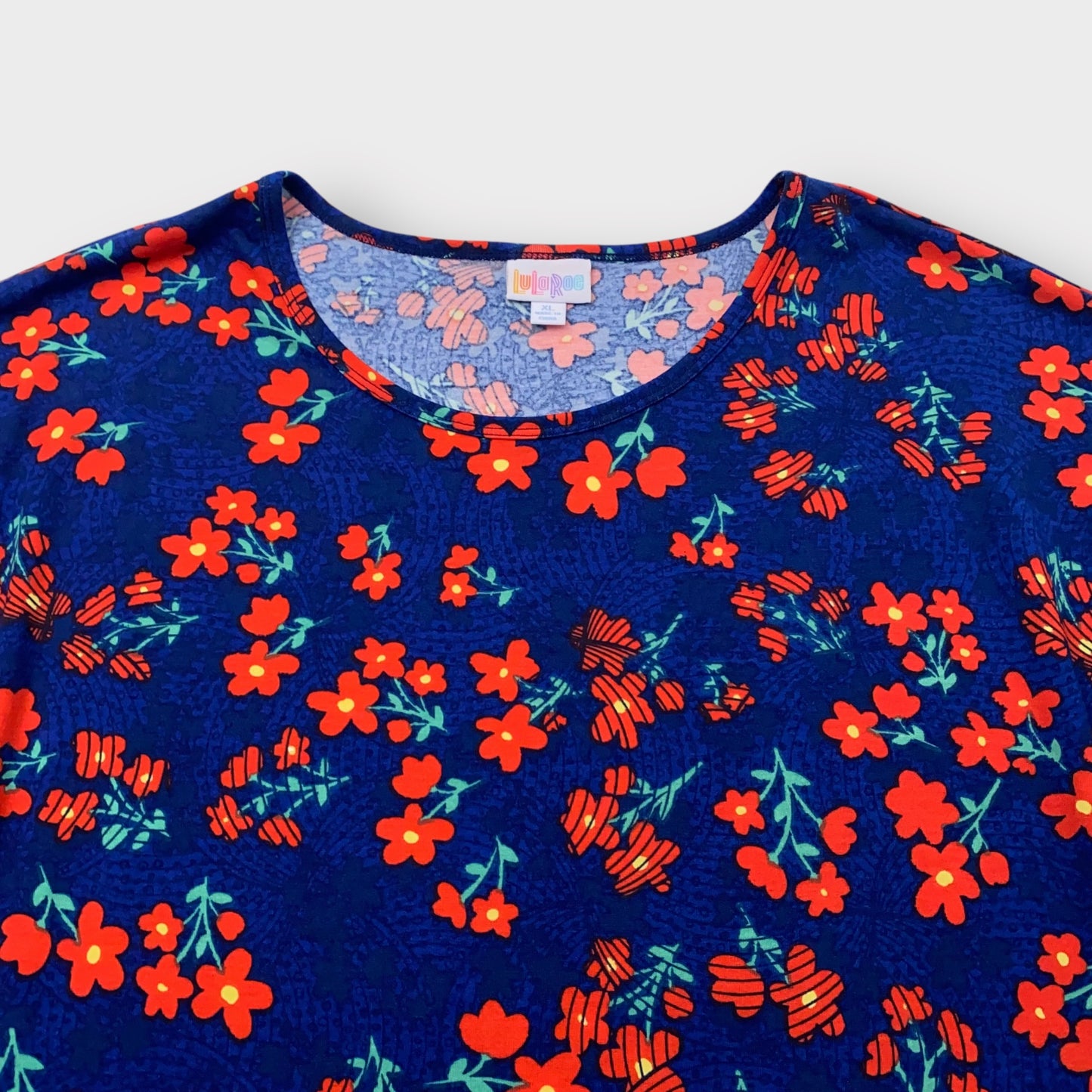 LuLaRoe Irma Tunic Top - Bright Floral Print - Women's XL (16-18) - High-Low Hem - Navy/Red/Orange