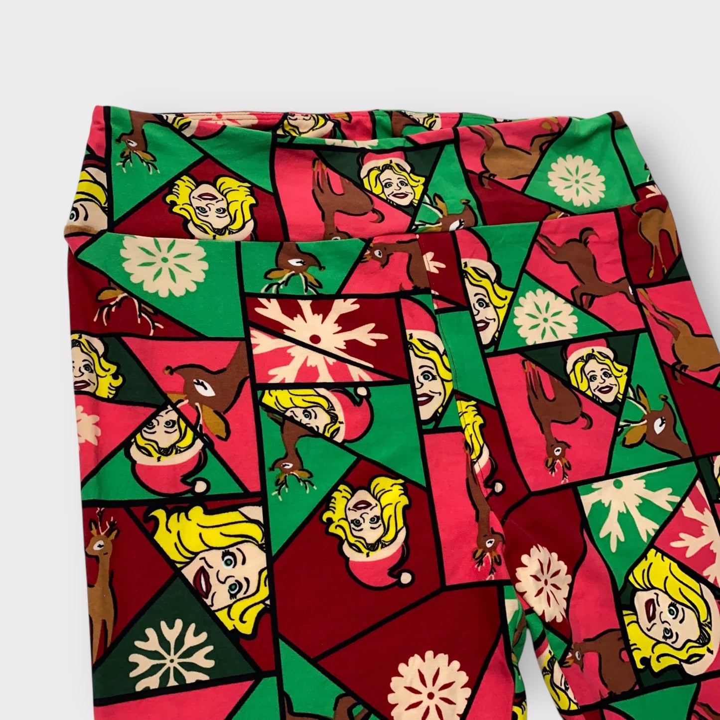 LuLaRoe Leggings TC (12-18) - Red, Green & Beige Santa Reindeer Patchwork Print - Ultra Soft Stretch Fabric