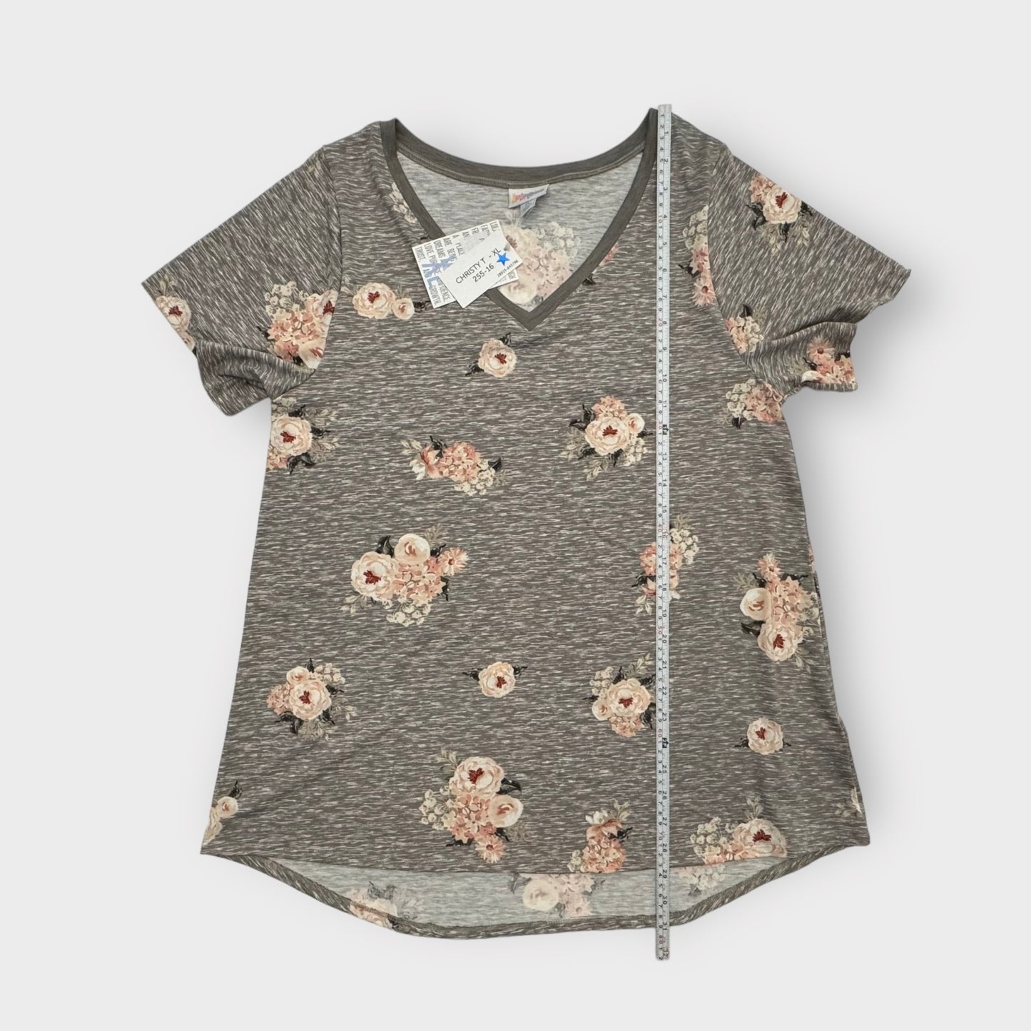 LuLaRoe Christy V-Neck Top | Light Gray Heathered/Floral | XL | NWT