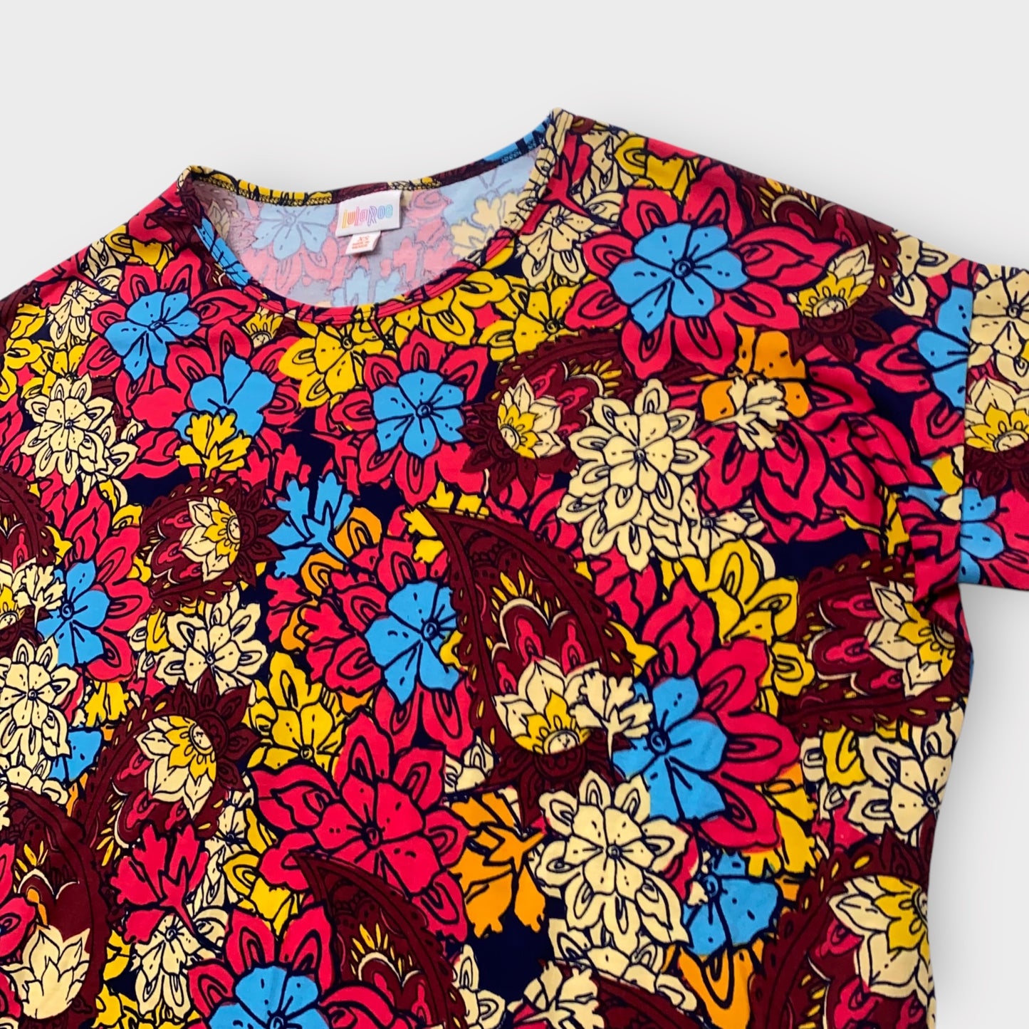 LuLaRoe Irma Tunic Top - Red, Yellow & Blue Floral Paisley Print - XS (0-2) - Soft Stretch Polyester Spandex - High-Low Hem