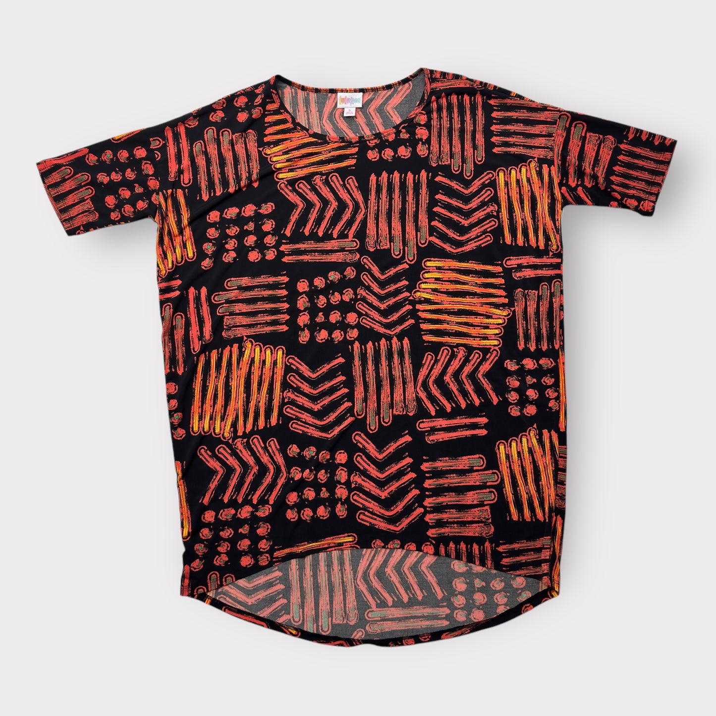 LuLaRoe Irma Tunic Top - Black/Orange Abstract Pattern - Women's S (4-6) - High-Low Hem - NWT