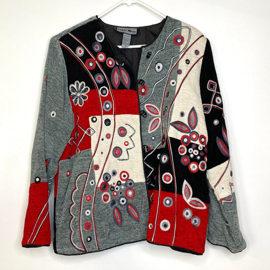 Delightful Indigo Moon Womens Jacket Size Medium Gray/Black/Red Embroidered & Embellished Button-Up