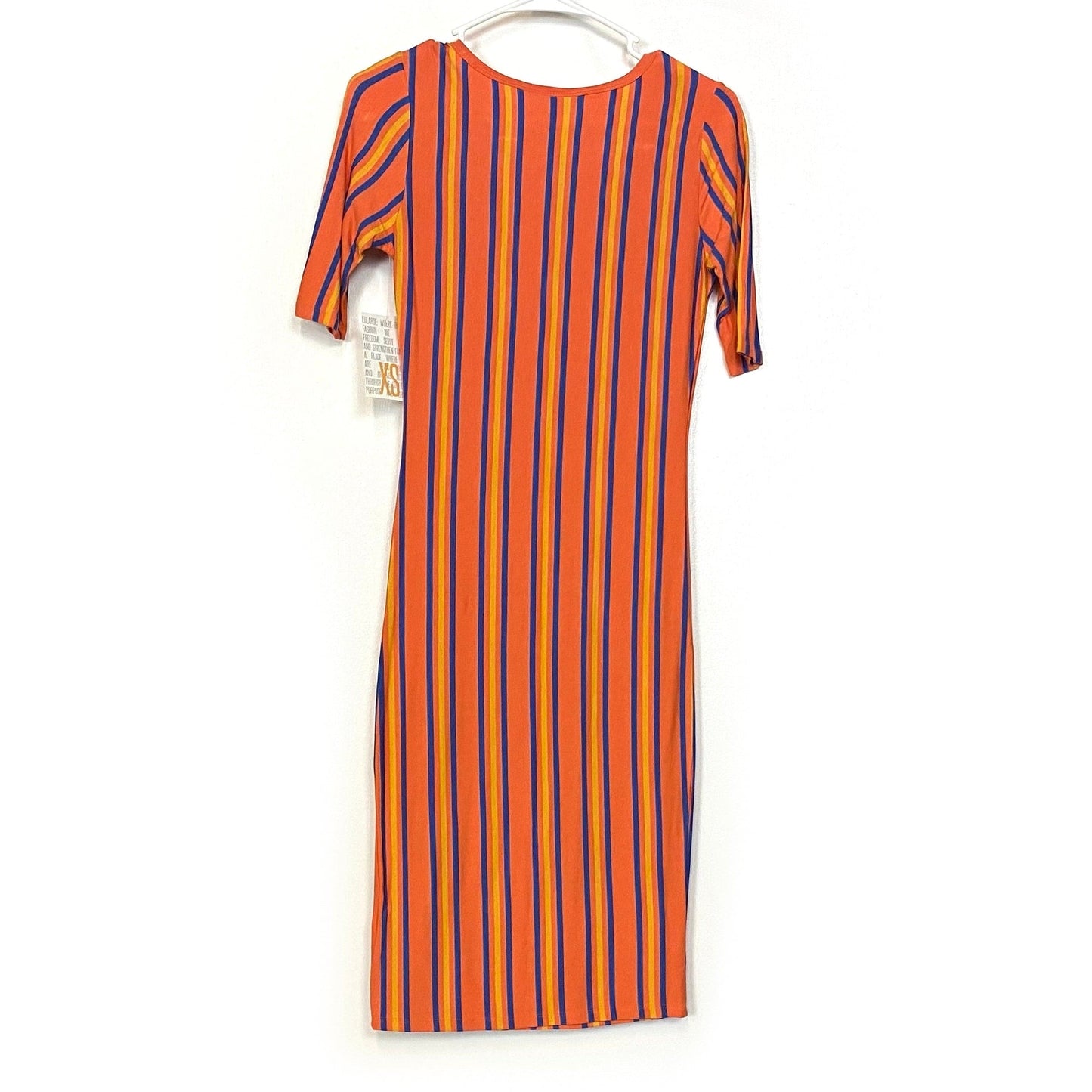 LuLaRoe Womens XS Orange/Blue/Yellow Striped Julia Shift Dress Scoop Neck ½ Sleeves NWT