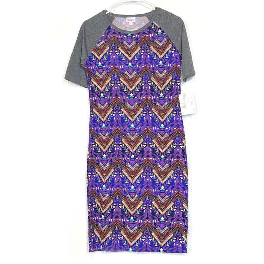 LuLaRoe Womens S Gray/Purple/Yellow Geometric/Abstract Julia Shift Dress Scoop Neck ½ Sleeves NWT