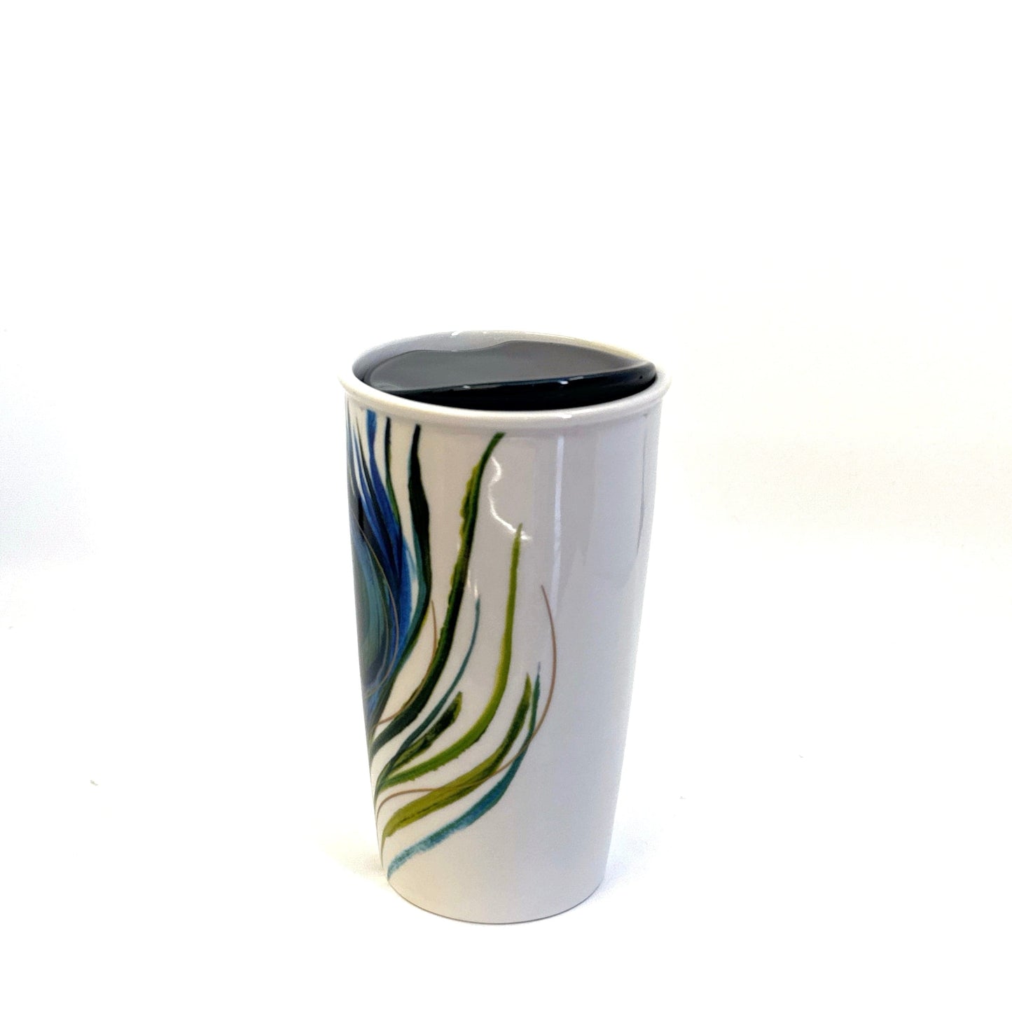 Starbucks | 2015 Ceramic Peacock Feather Mug w/Lid | Color: White/Blue | Size: 12 fl oz | RARE