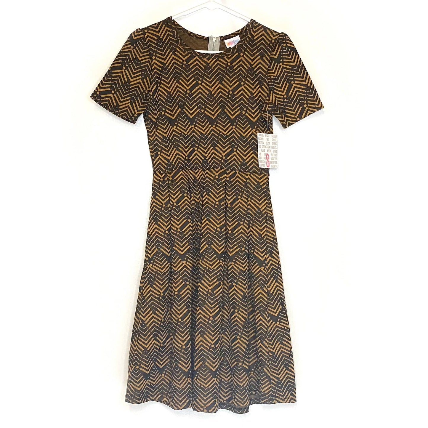 LuLaRoe Womens S Amelia Brown/Orange Chevron Pattern Dress S/s NWT