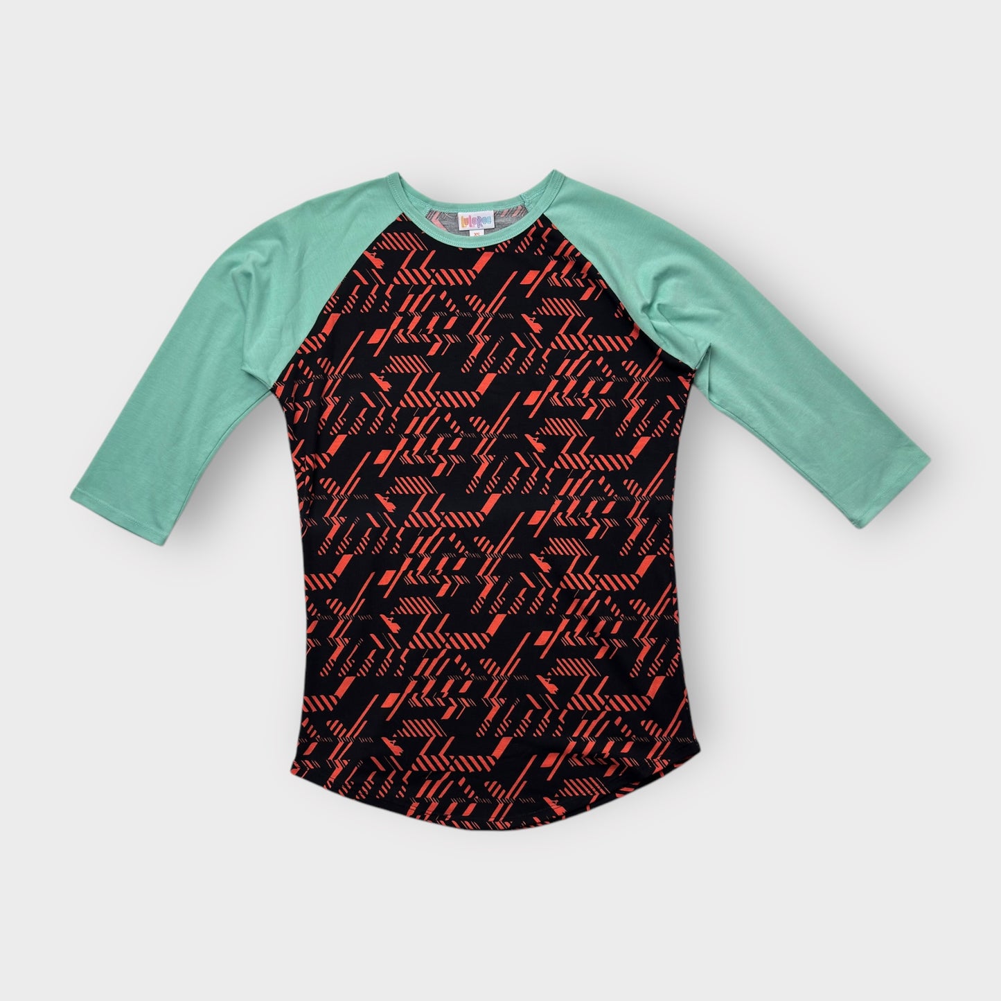 LuLaRoe Randy Raglan Tee XS (0-2) - Black/Red Geometric Abstract Print with Mint Green Sleeves - Soft Stretch Fabric