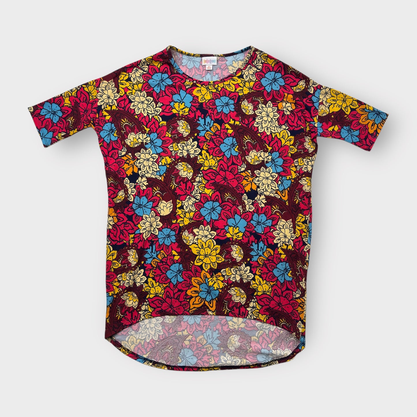 LuLaRoe Irma Tunic Top - Red, Yellow & Blue Floral Paisley Print - XS (0-2) - Soft Stretch Polyester Spandex - High-Low Hem