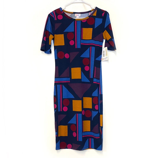 LuLaRoe Julia Bodycon Dress | XS (2-4) | Red/Orange/Blue | Geometric | NWT