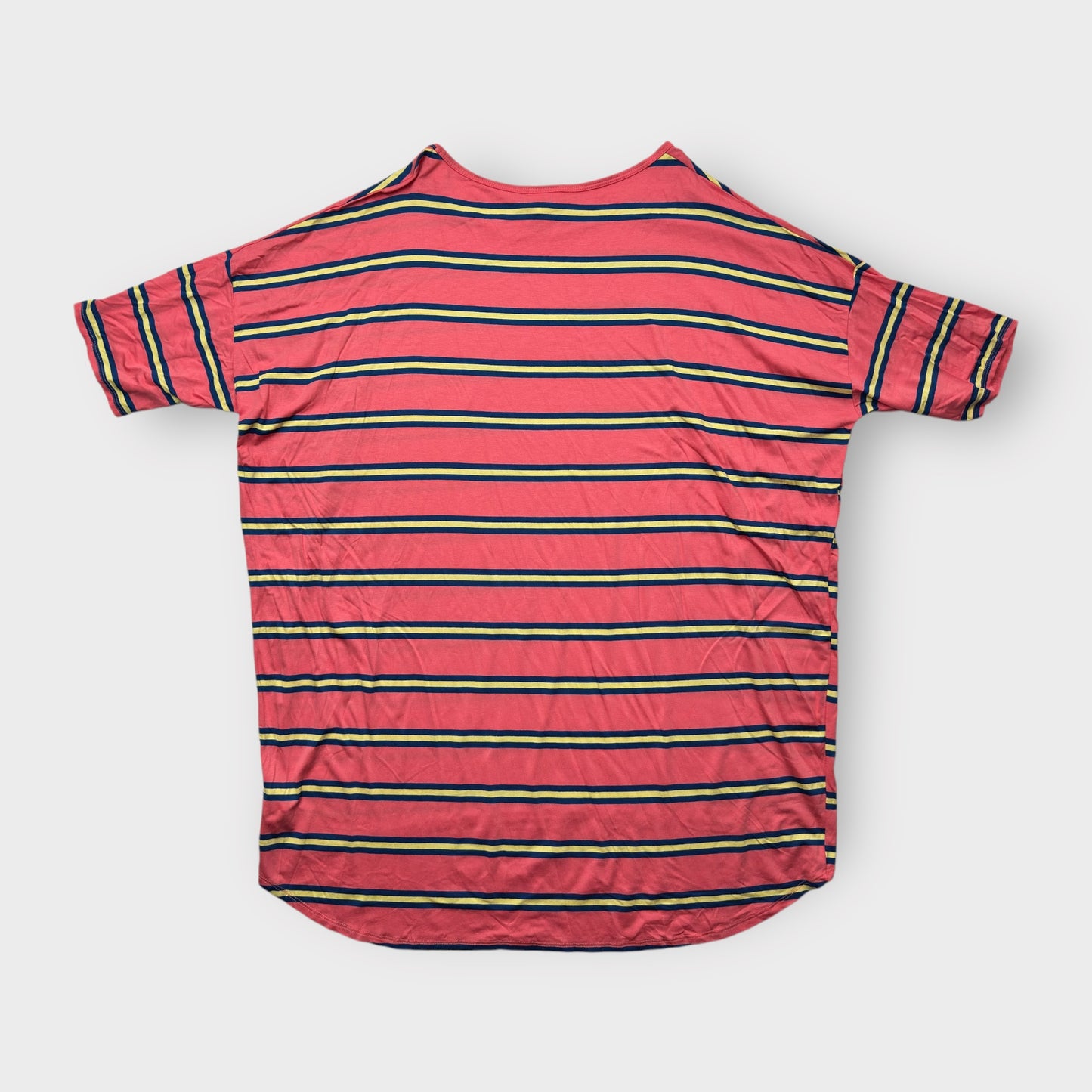 LuLaRoe Irma Tunic Top - Coral Pink with Navy Blue & Yellow Stripes - 2XL (20-22) - Soft Drapey Rayon Spandex Knit - High-Low Hem