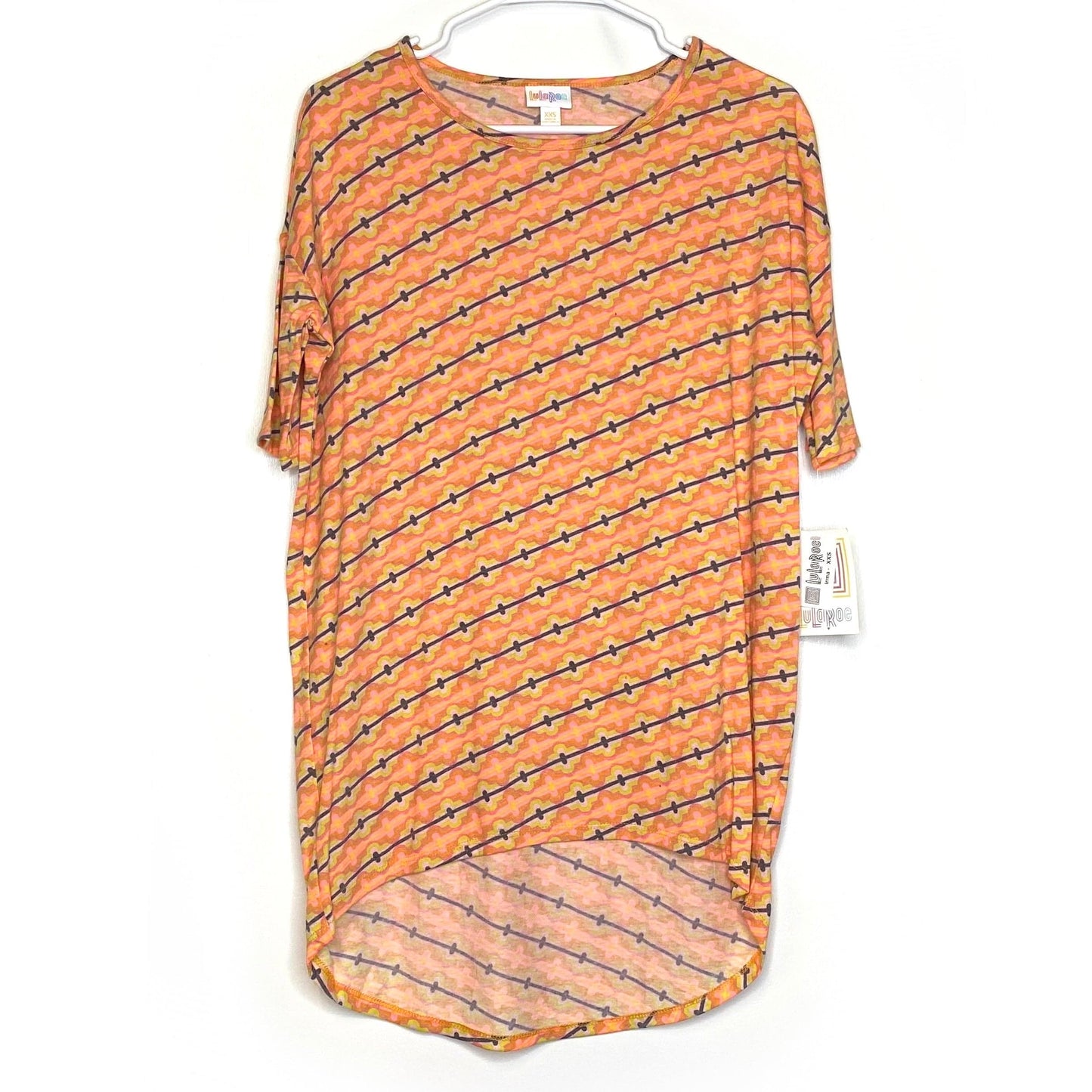 LuLaRoe Womens XXS Irma Orange/Pink/White Link Pattern S/s Tunic Top NWT