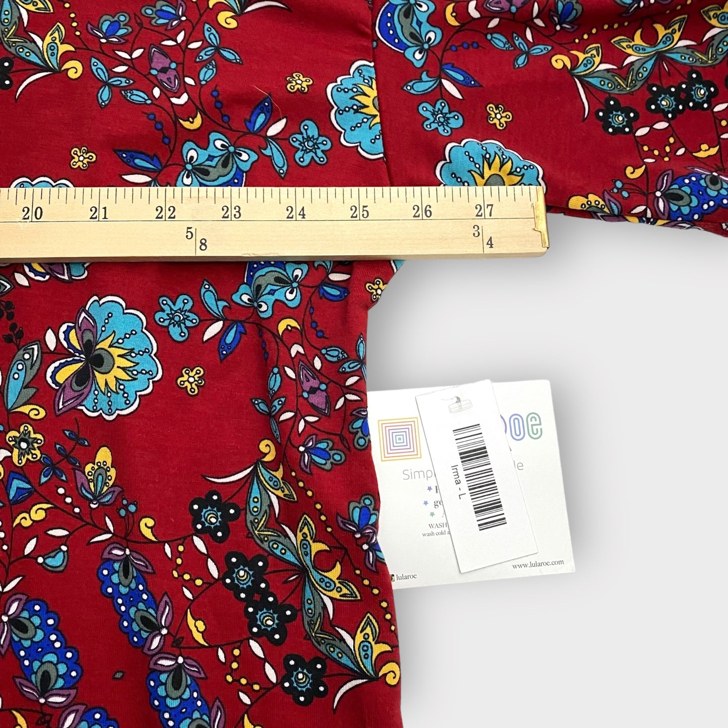 LuLaRoe Irma Tunic | L (14-16) | Red Floral/Ornate Print | High-Low S/s | NWT