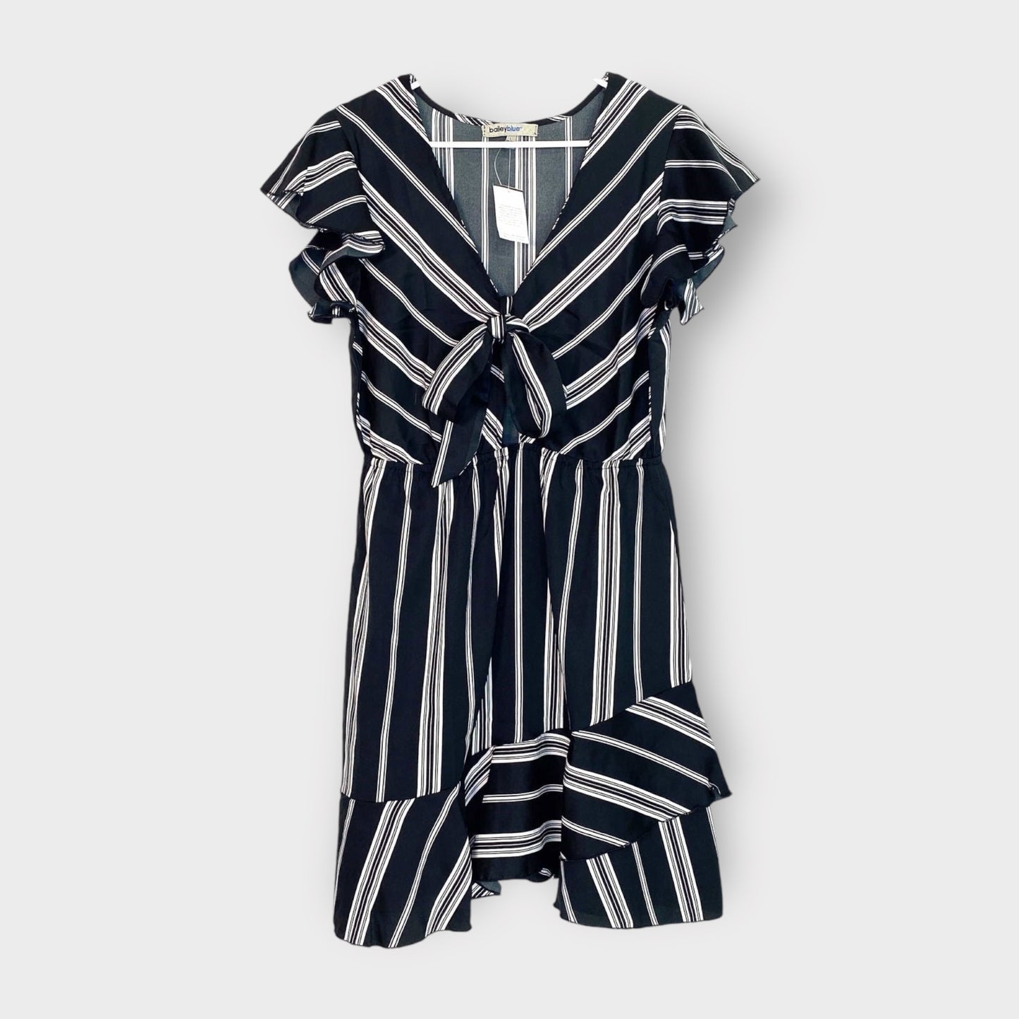 Bailey Blue Dress - Womens Tie-Front Ruffle | Size L | Black White Striped | NWT