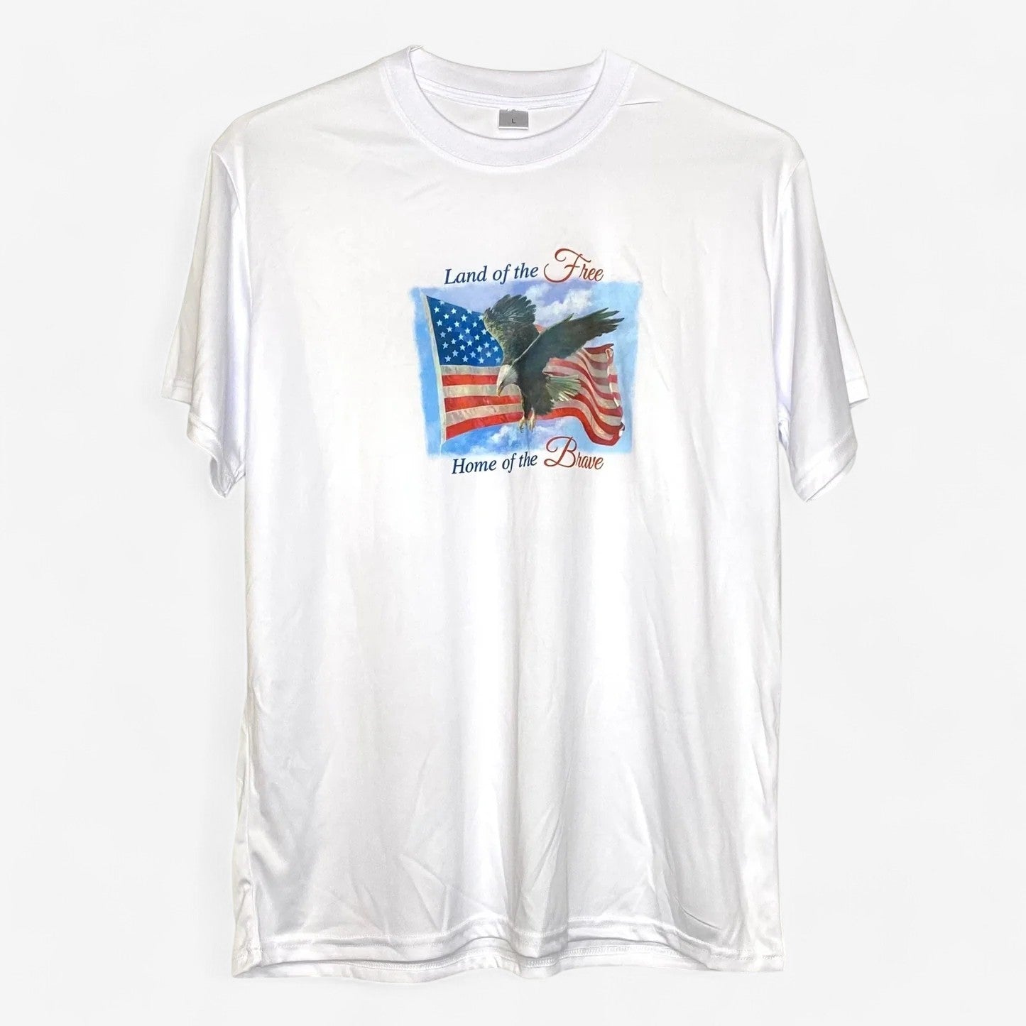 Men's White Short Sleeve T-Shirt with Patriotic Eagle Graphic - Size L - 'Land of the Free, Home of the Brave' - EUC