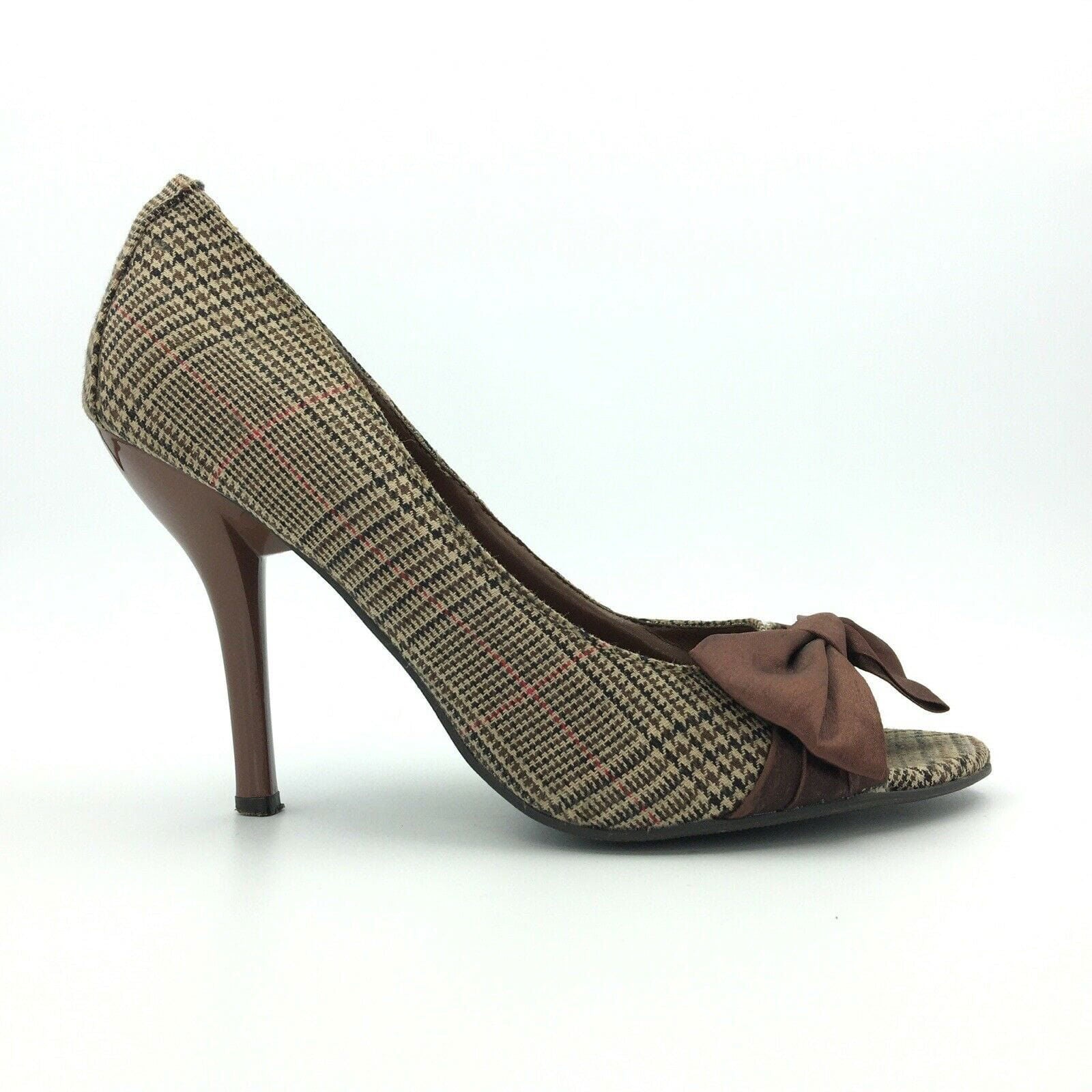 Delicious Womens Size 7.5 Brown Houndstooth Open Toe Bows Heels Pumps Shoes -  | Buy at Parsimony Shoppes