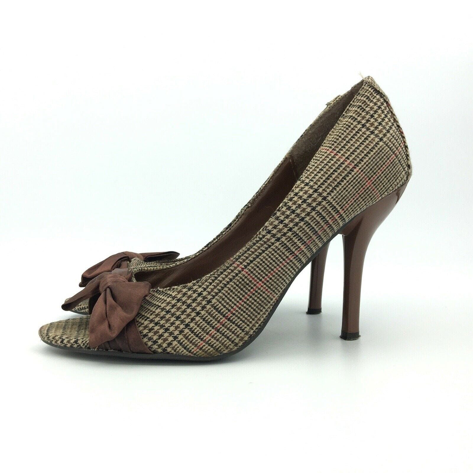 Delicious Womens Size 7.5 Brown Houndstooth Open Toe Bows Heels Pumps Shoes -  | Buy at Parsimony Shoppes