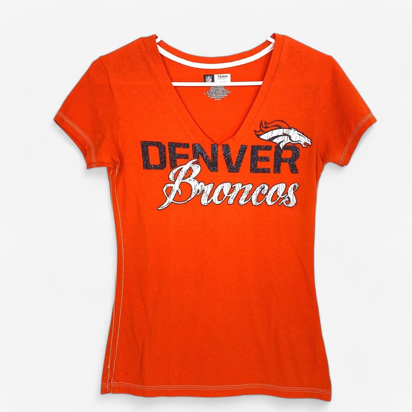 Denver Broncos Women's V-Neck T-Shirt - Sparkle Logo - Small - Orange/Blue