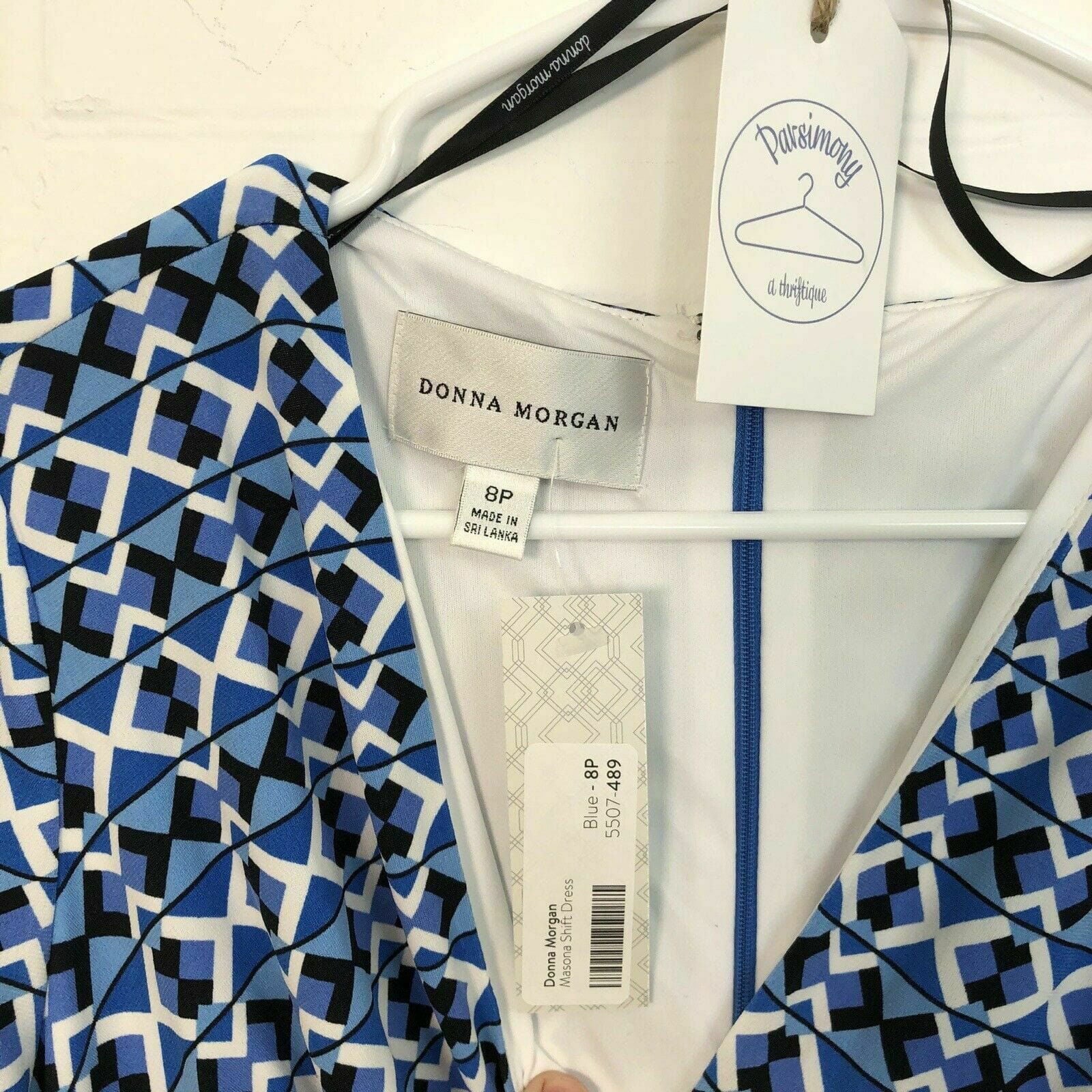 Donna Morgan 'Masona' Cobalt Blue Shift Dress | Geometric V-Neck | Size 8P Donna Morgan 'Masona' Cobalt Blue Shift Dress | Geometric V-Neck | Size 8P