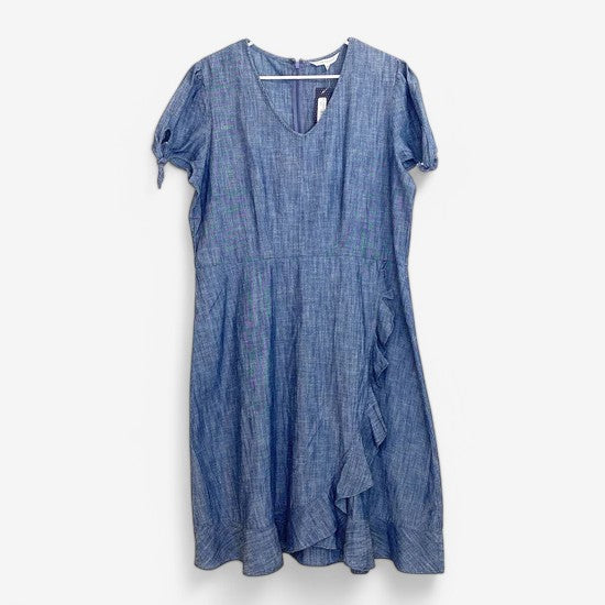DownEast Women's Size XL Blue Ruffle Trim Tie-Sleeve Dress - NWT