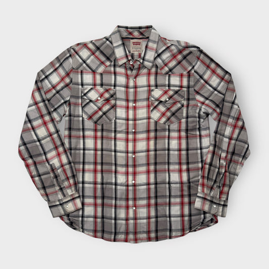 Levi’s Mens Size L White Red Black Plaid Modern Western Shirt Snap Up L/s