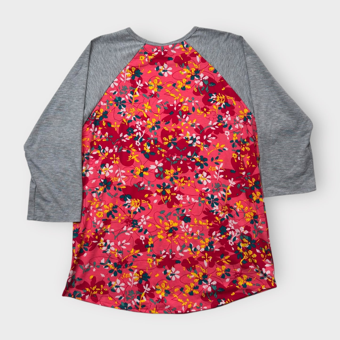 LuLaRoe Randy Baseball Tee 2XL (20-22) - Red/Pink/Yellow Floral Print with Heather Gray Sleeves - Soft Stretch Fabric