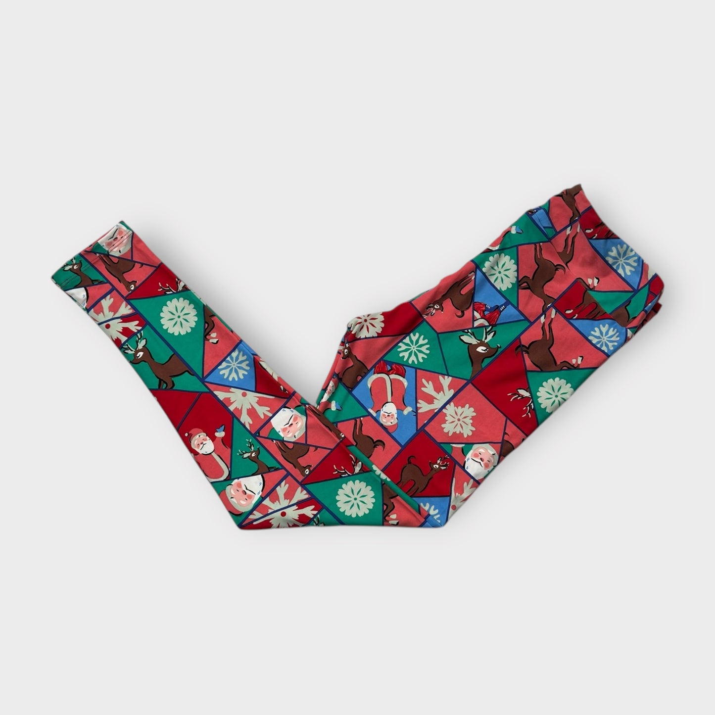 LuLaRoe Leggings Tall & Curvy (12-18) - Red & Green Patchwork Holiday Print - Ultra Soft Stretch Fabric