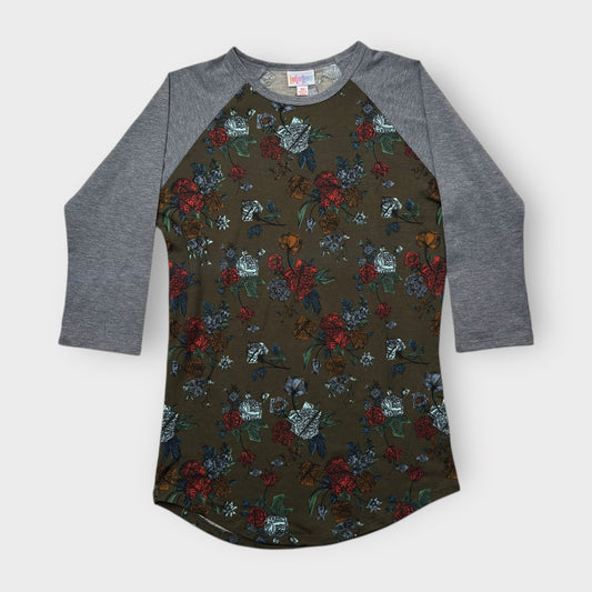 LuLaRoe Randy Baseball Tee XS (0-2) - Olive Green and Red Floral Print - Soft Stretch Fabric