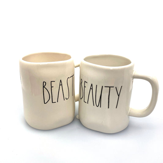 Pair of Rae Dunn ‘BEAUTY/BEAST’ Large Letters White Coffee Cup Mug By Magenta EUC