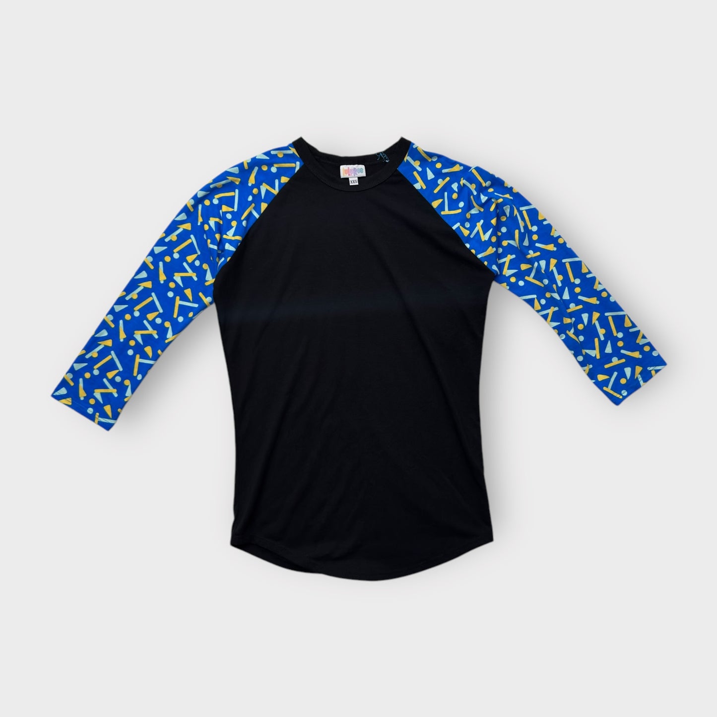 LuLaRoe Randy Tee XXS (00) - Black with Blue & Yellow Abstract Print Sleeves - Soft Stretch Fabric