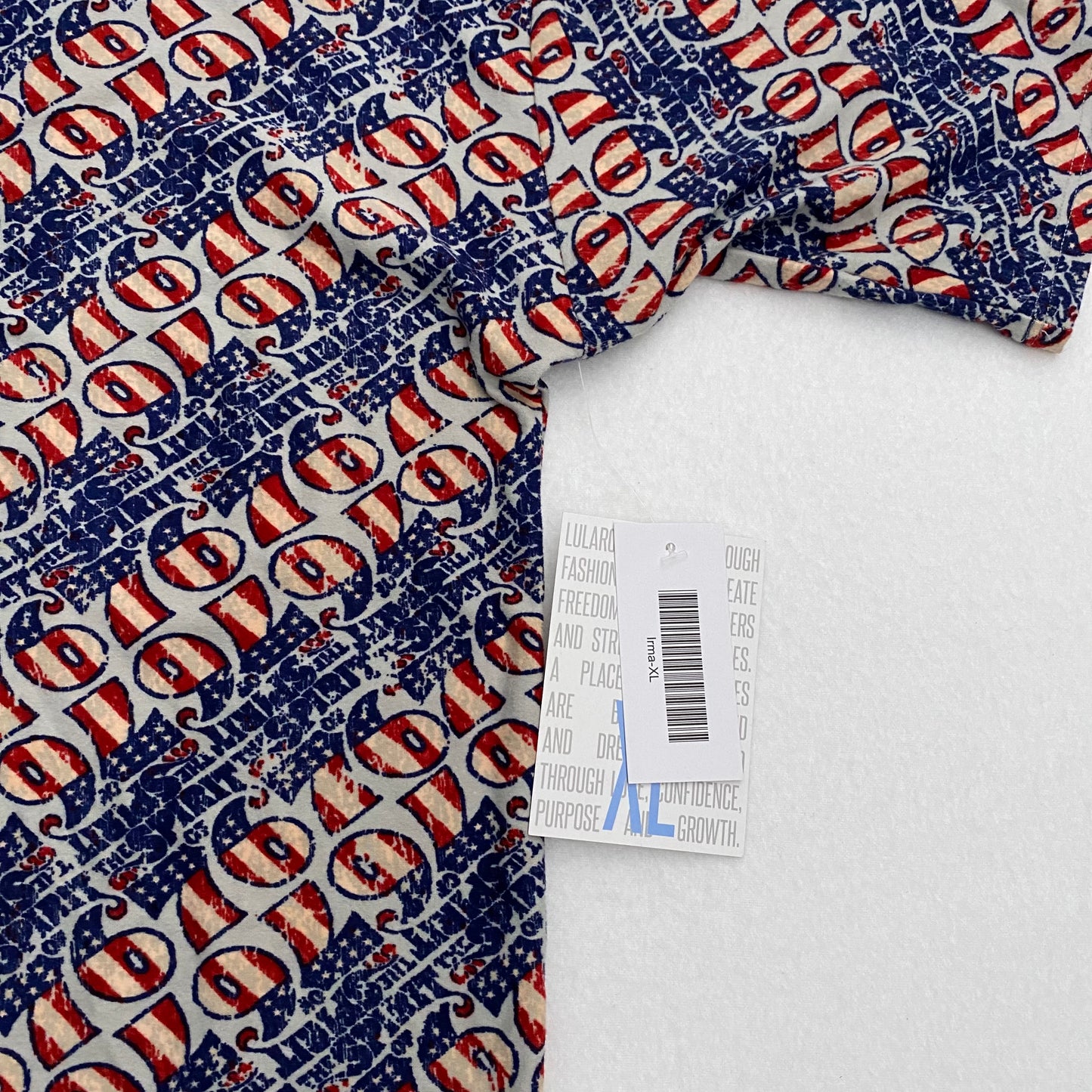 LuLaRoe Irma High-Low S/s Tunic | XL (18-20) | Red/Blue/White ‘76’ | NWT