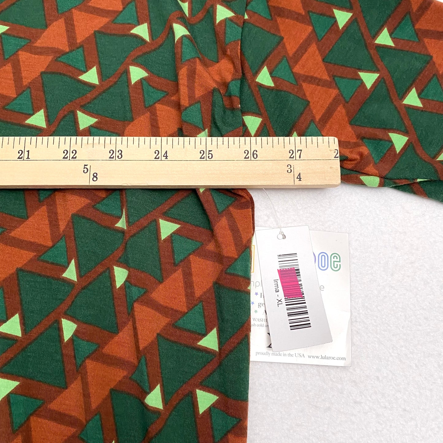 LuLaRoe Irma High-Low S/s Tunic | XL (18-20) | Brown/Green Triangles Geometric | NWT