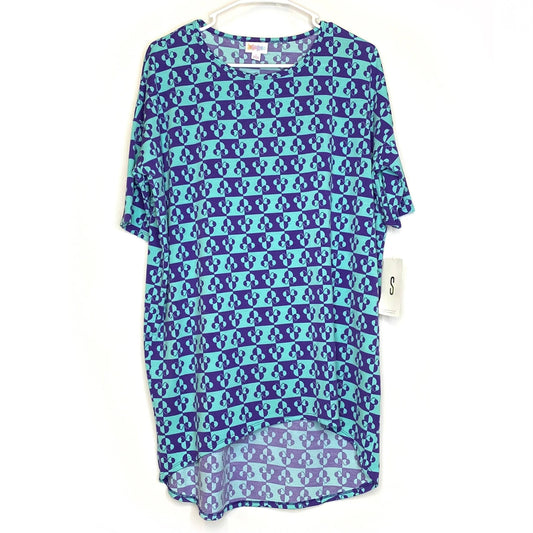 LuLaRoe Womens S Irma Teal Blue/Blue ’Minnie Mouse’ Geometric S/s Tunic Top NWT