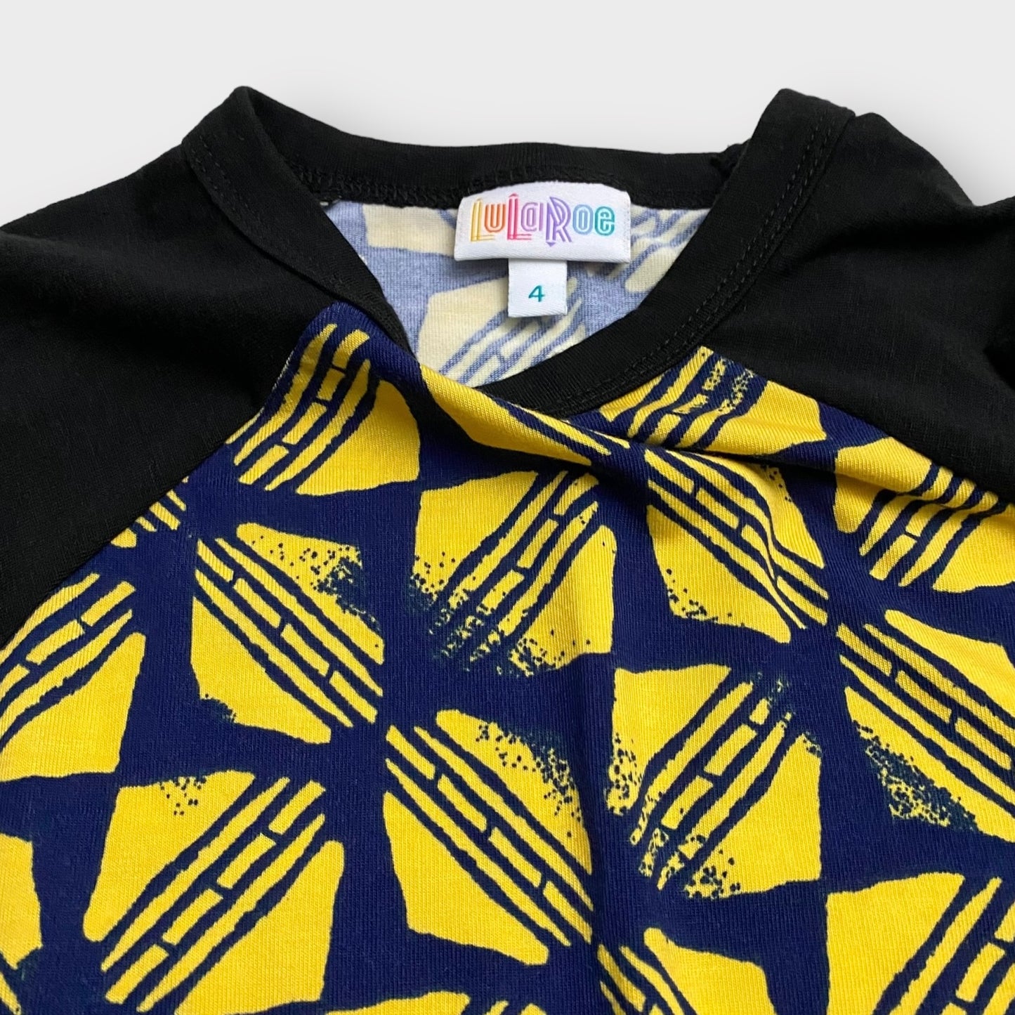 Kids | LuLaRoe Sloan Top | 4 (3-4) | Yellow/Black/Blue Abstract | 3/4 Raglan Sleeves | NWT