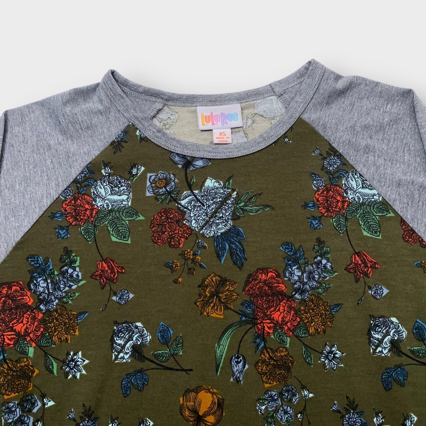 LuLaRoe Randy Baseball Tee XS (0-2) - Olive Green and Red Floral Print - Soft Stretch Fabric