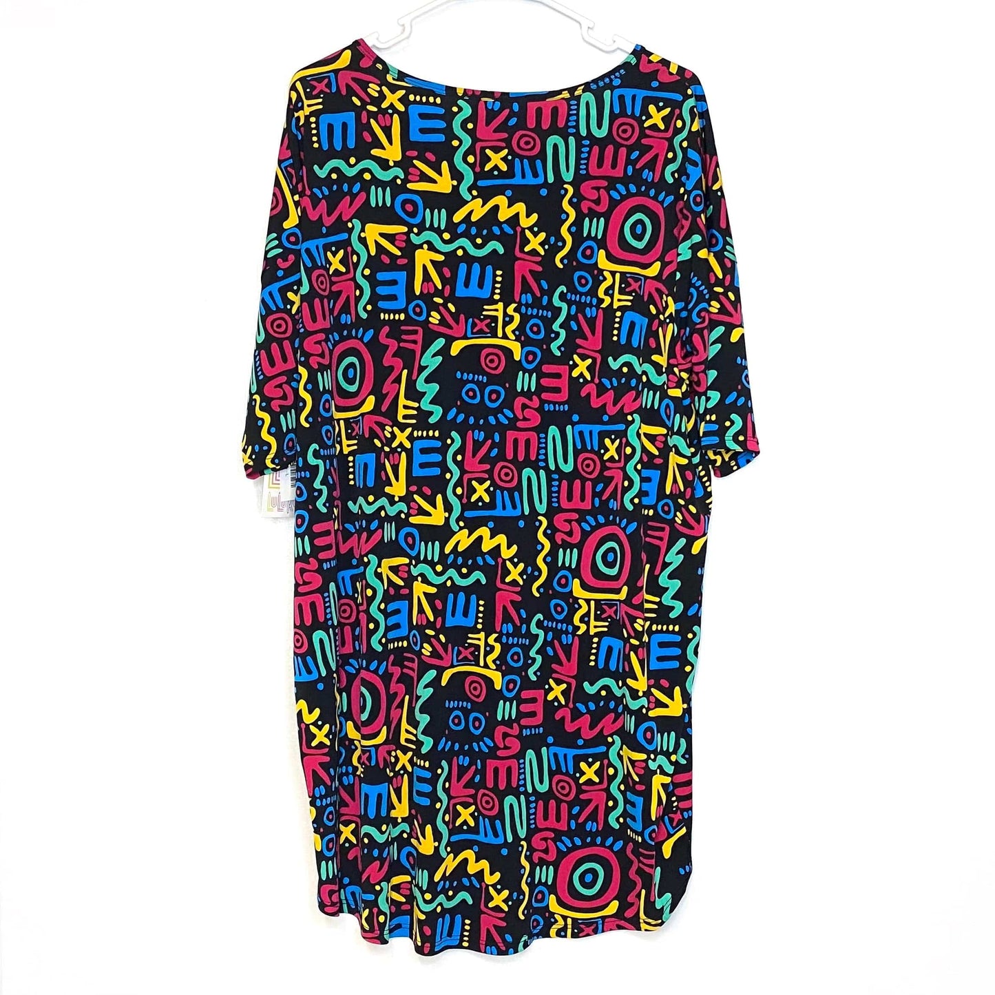 LuLaRoe Womens L Irma Multicolor/Black Graffiti Pattern S/s Tunic Top NWT