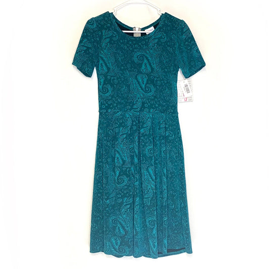 LuLaRoe Womens S Amelia Emerald Green Jacquard Floral Dress S/s NWT