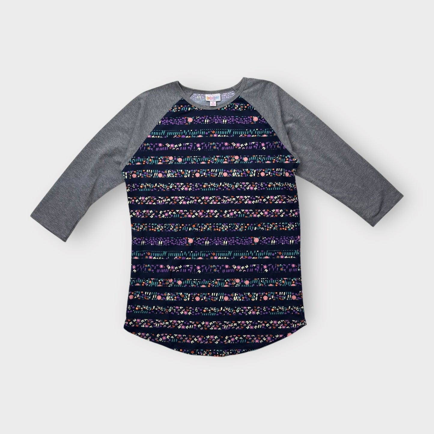 LuLaRoe Randy Tee S (4-6) - Navy and Multicolor Floral Striped Print with Gray Raglan Sleeves - Soft Stretch Polyester Spandex