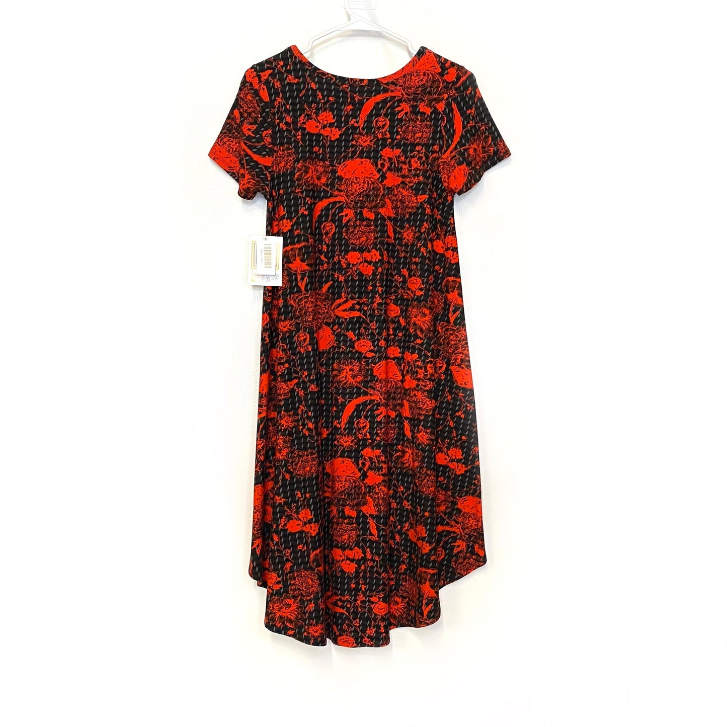 LuLaRoe Womens XXS Black/Orange/Gray Floral/Geometric 'Carly' S/s Swing Dress NWT