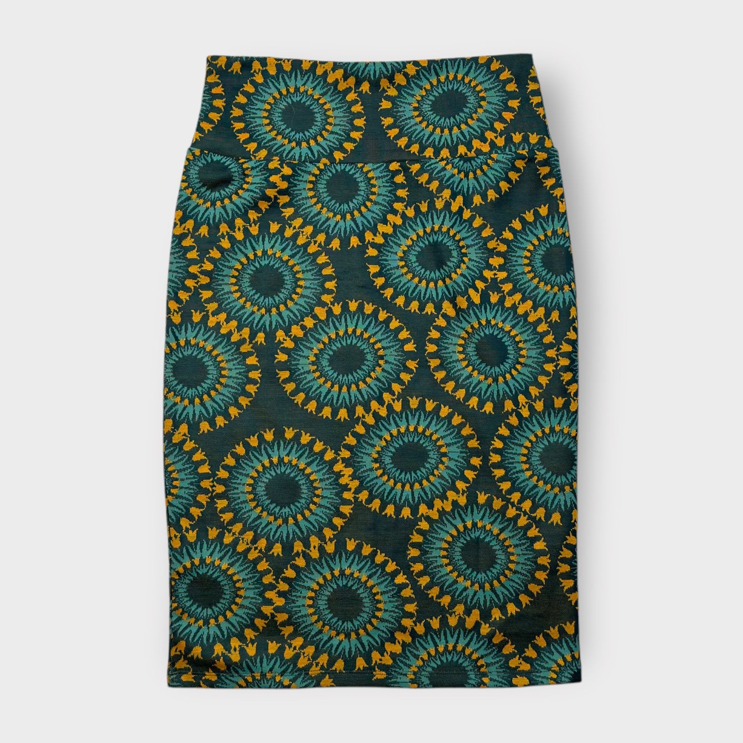 LuLaRoe Cassie Pencil Skirt - Green and Yellow Psychedelic Circles Pattern - Size XS (0-2) - NWT