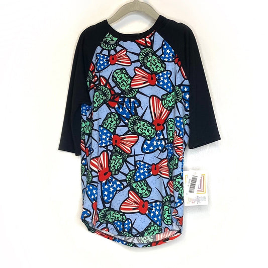 LuLaRoe Kids Unisex 8 Sloan Black/Blue ‘Lady Liberty’ Raglan T-Shirt 3/4 Sleeves NWT