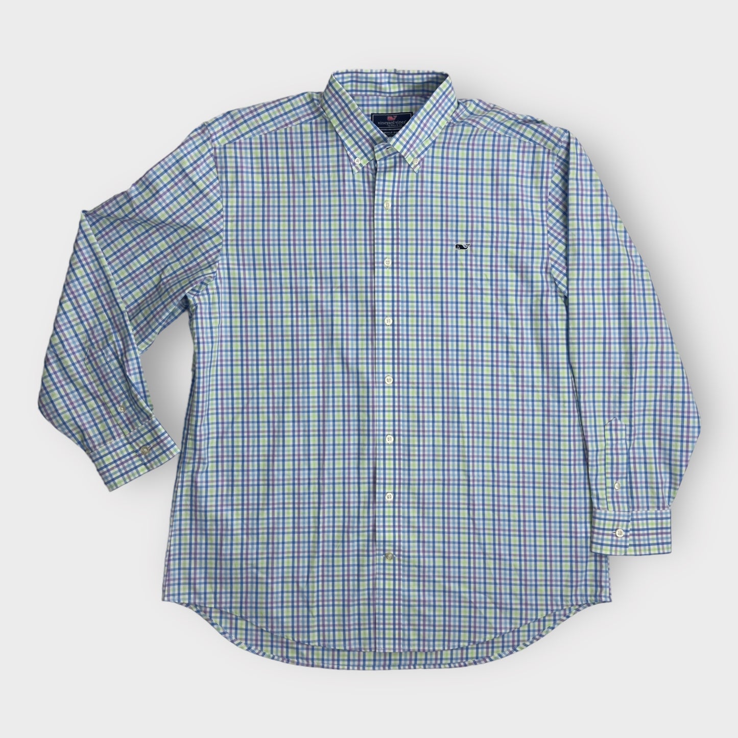 Vineyard Vines Mens Button-Down Whale Shirt | L | Green/Blue/Purple Plaid | EUC